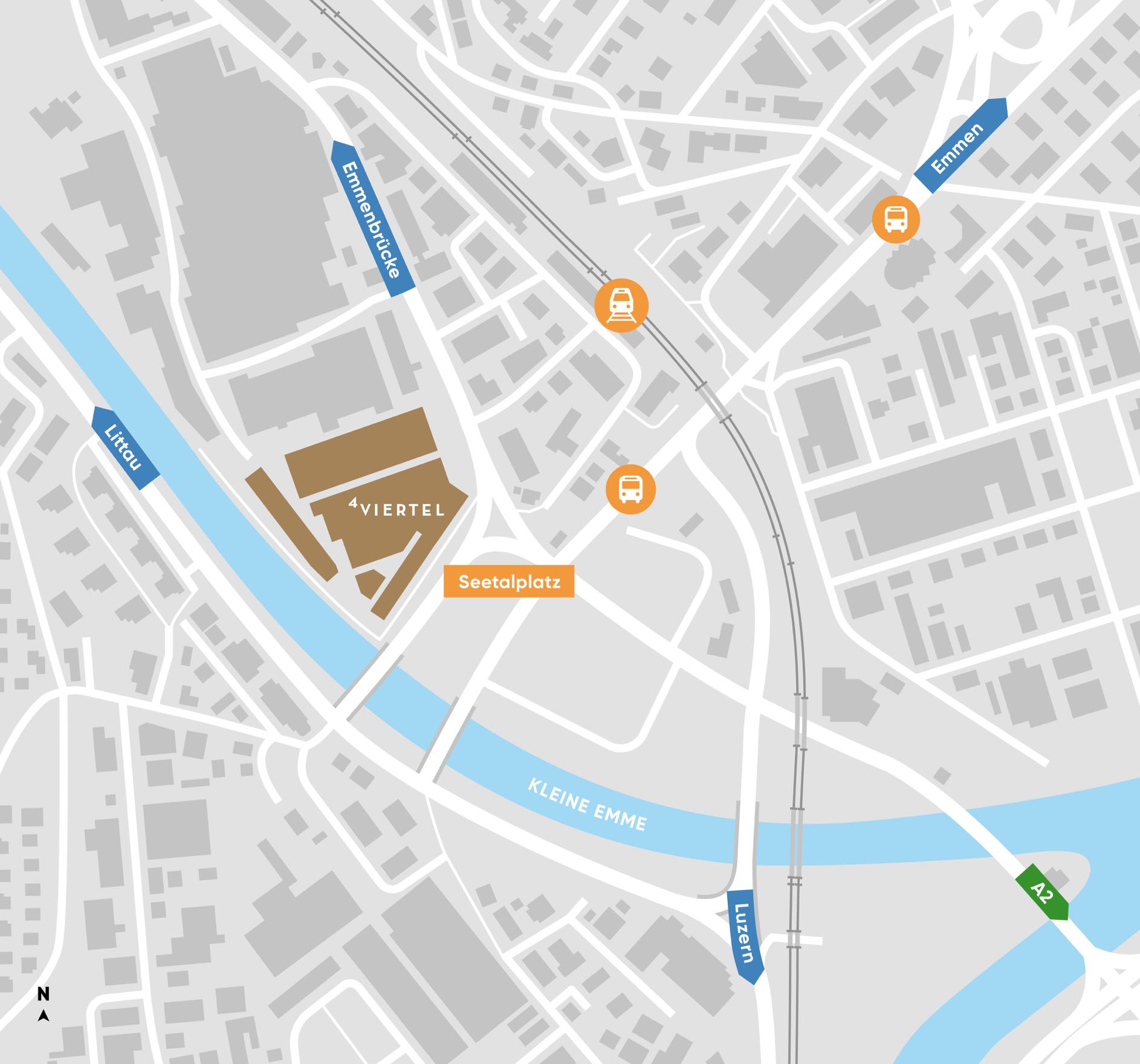 Lageplan 4VIERTEL am Seetalplatz mit Autobahnanschluss Bus und Zug