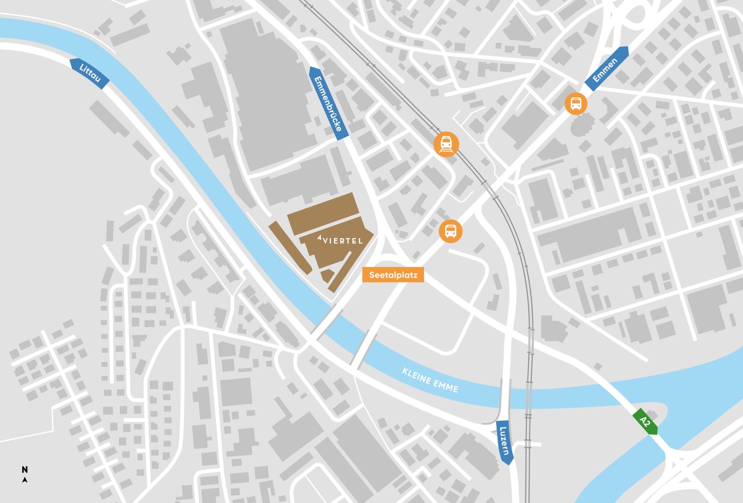 Lageplan 4VIERTEL am Seetalplatz mit Autobahnanschluss Bus und Zug